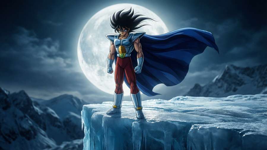 Cygnus Hyoga standing at edge of icy world under moonlight — Cygnus Hyoga Wallpaper