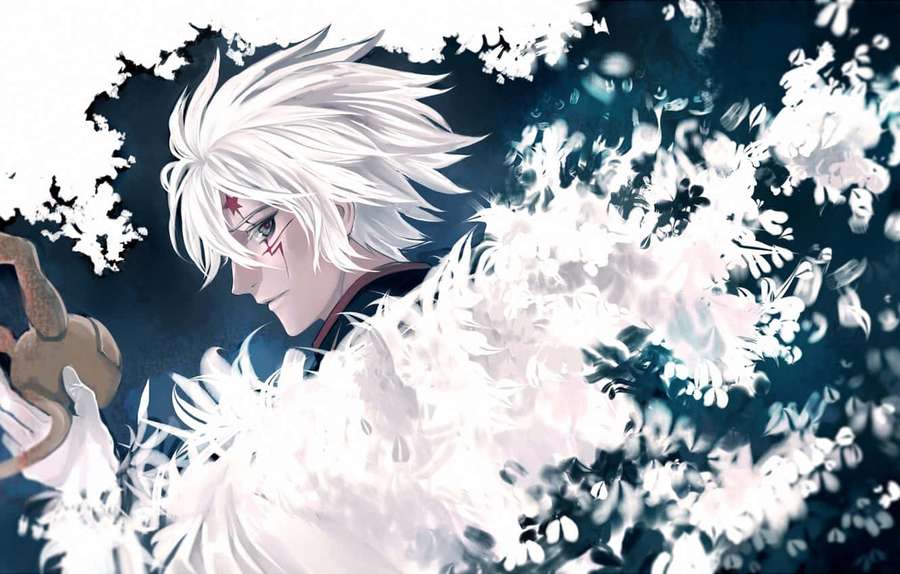 Guerreiro de anime com cabelo branco e estrela vermelha cercado por penas brancas. — D Grey Man Papéis de Parede