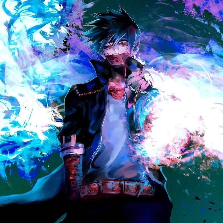 Personaje de anime liberando energía azul en una pose de acción dinámica con efectos brillantes. — Dabi Aesthetic Fondos de pantalla
