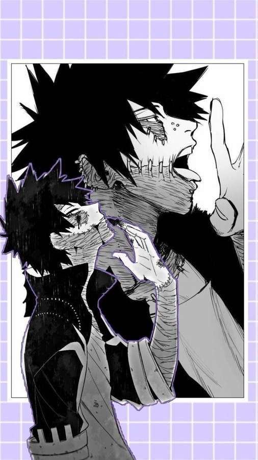 Dos personajes de anime en un panel de manga, uno gritando con la mano levantada, el otro en la sombra sobre fondo de cuadrícula púrpura — Dabi Estético Imagen Fondos de pantalla