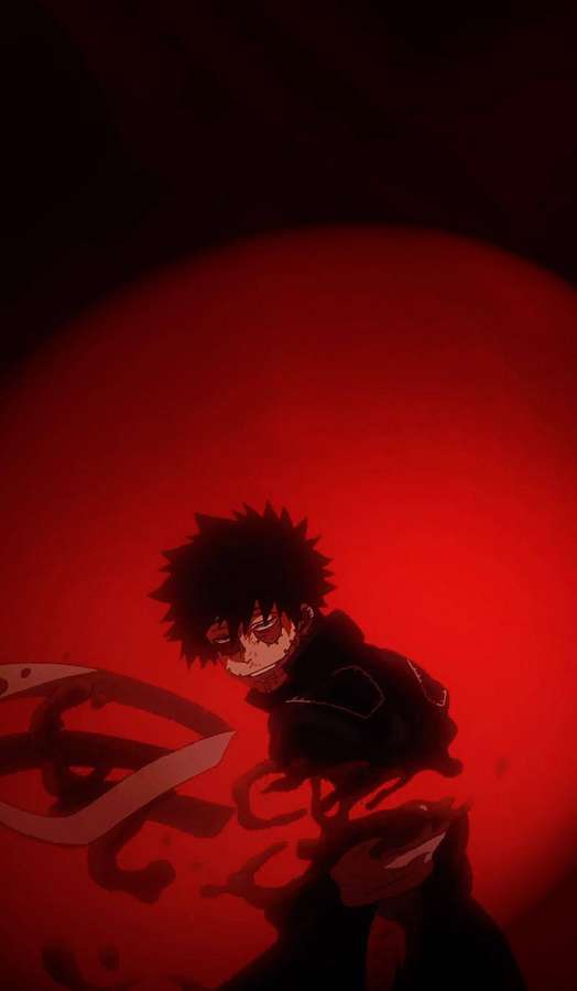 Personaje anime de pelo puntiagudo y ropa oscura contra un fondo rojo brillante con sombras giratorias. — Dabi Estético Fondos de pantalla