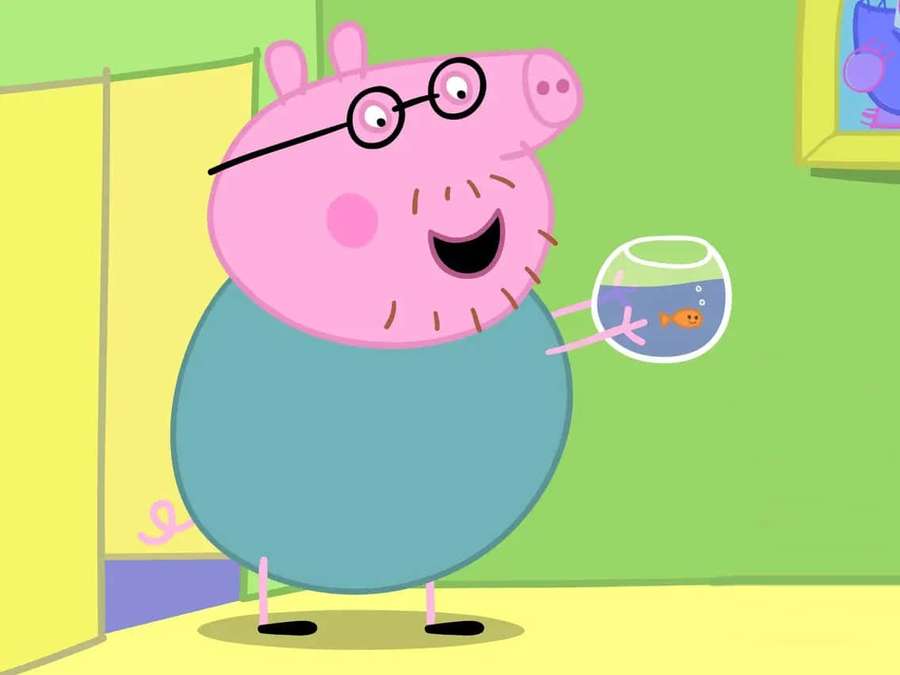 Dad Pig holding a fishbowl with a goldfish inside in a colorful room. — Daddy Pig Wallpaper