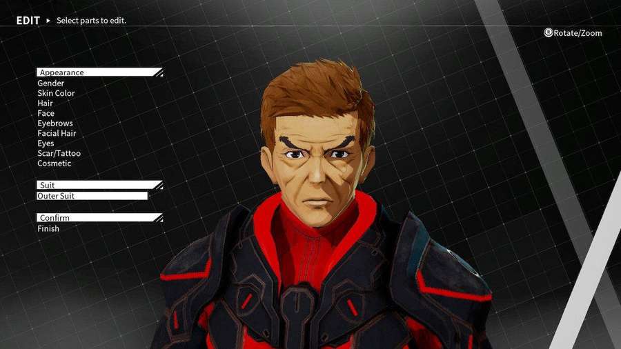 A serious male character in red and black armor during game customization. — Daemon Wallpaper