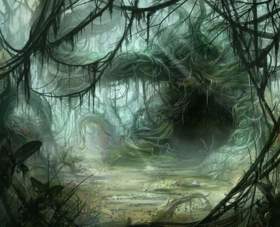 A dense swamp forest with twisted trees and hanging vines in a misty, eerie atmosphere. — Dagobah Wallpaper