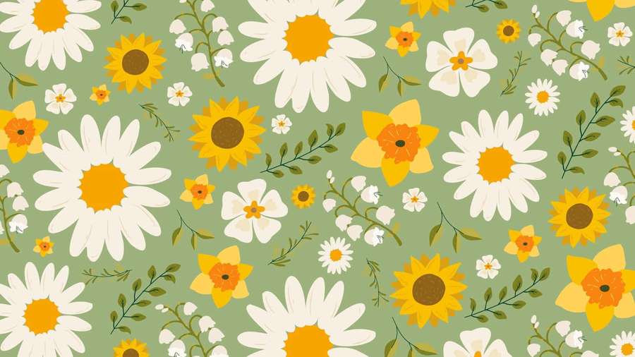 Floral wallpaper with daisies sunflowers and lilies on green background — Daisy Aesthetic Computer Picture