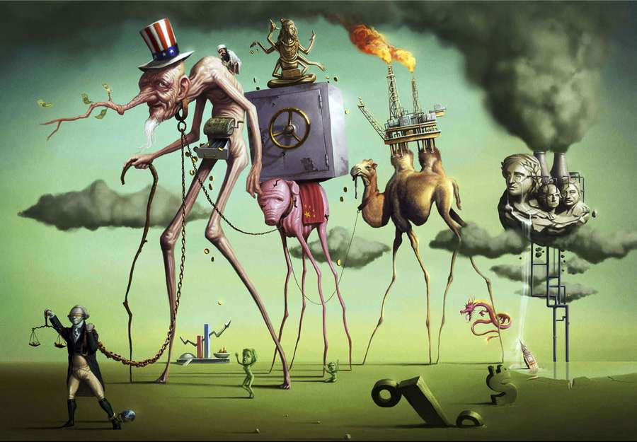 Giant surreal figures symbolizing greed and war in a dystopian landscape with smoke and oil rigs. — Dali Background