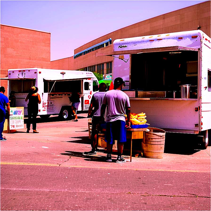 Twee foodtrucks met klanten die eten bestellen en bananen op een tafel buiten een gebouw. — Dallas Achtergronden