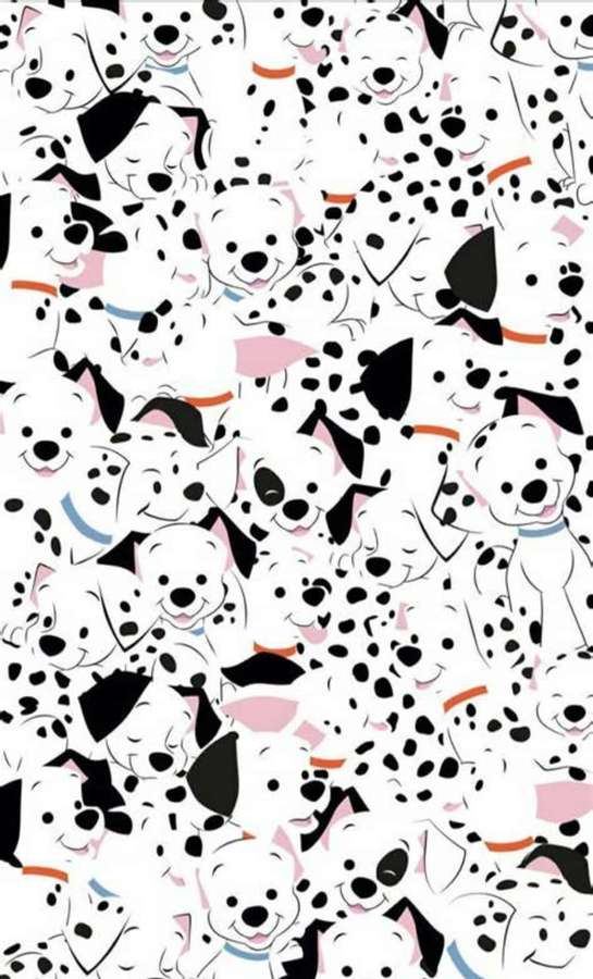 Dálmatas de dibujos animados repetidos con collares coloridos sonriendo en un patrón juguetón. — Dálmata Fondos de pantalla