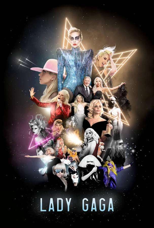 Colagem de Lady Gaga no espaço com triângulos de néon brilhantes e fundo estrelado. — Dama Papéis de Parede