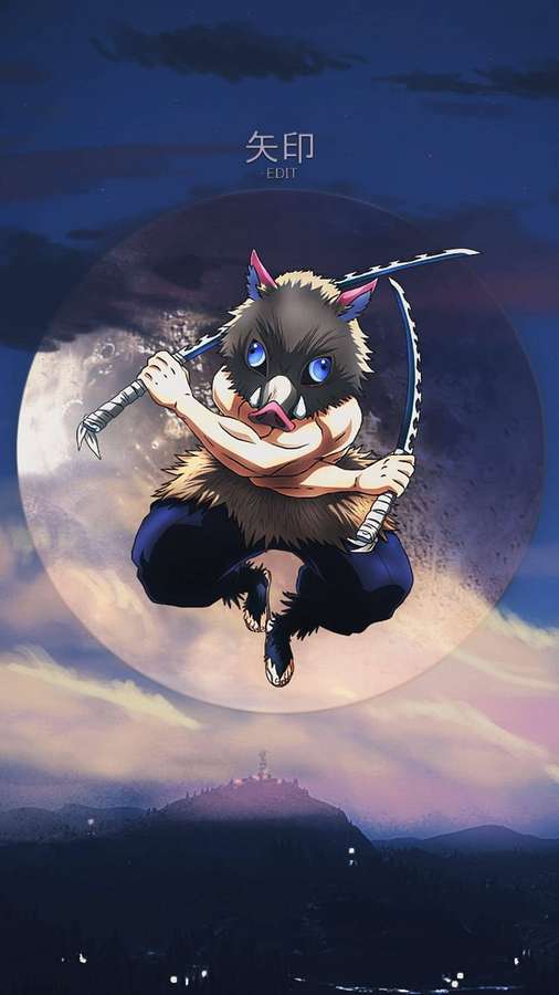 Wilder Eberkrieger mit blauen Augen und rosa Ohren springt mit einem gebogenen Schwert vor einem riesigen Mond. — Dämonentöter Inosuke Wallpaper