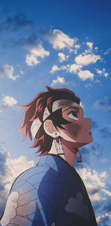Anime-Figur mit roten Haaren und weißem Stirnband schaut zu einem blauen Himmel mit Wolken auf. — Dämonentöter iPhone Wallpaper
