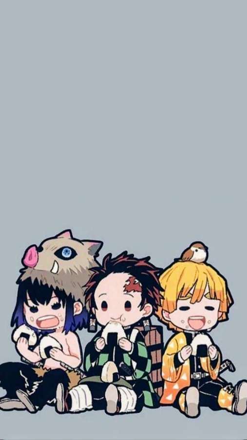 Drei Chibi-Anime-Charaktere essen glücklich mit einem Vogel auf dem Kopf eines von ihnen. — Dämonentöter Tanjiro Wallpaper