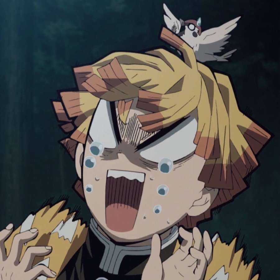 Anime-Junge schreit mit Tränen, während ein Vogel auf seinem Kopf in einem dunklen Wald sitzt. — Dämonentöter Zenitsu Wallpaper