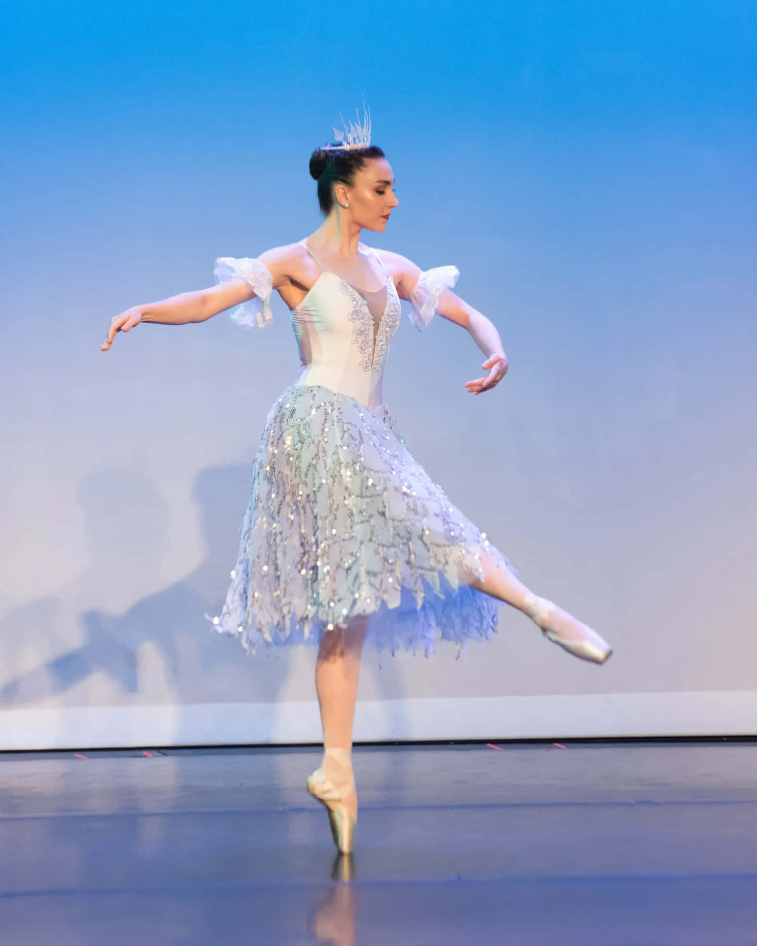 Ballerina in silver tutu performing on stage en pointe. — Dance Pose Background