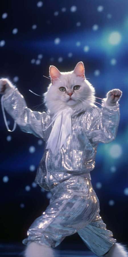 A white cat in a silver sequined outfit dancing on a sparkling stage. — Dancing Cat Wallpaper