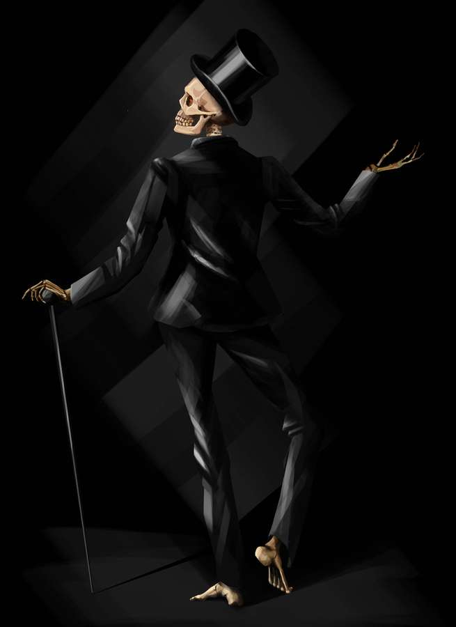 Elegant skeleton in black suit and top hat holding a cane in dim lighting. — Dancing Skeleton Background