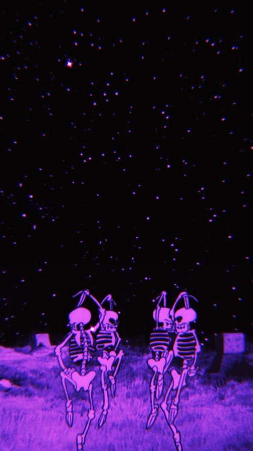 Two glowing skeletons dancing under a starry night sky in a purple graveyard. — Dancing Skeleton Picture