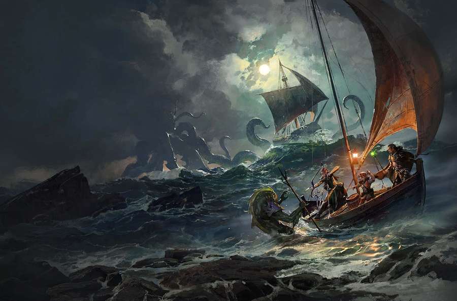 Eine Crew kämpft in einer stürmischen Nacht gegen Seeungeheuer, mit einem mondbeschienenen Schiff im Hintergrund. — D&amp;d hintergrundbilder Wallpaper