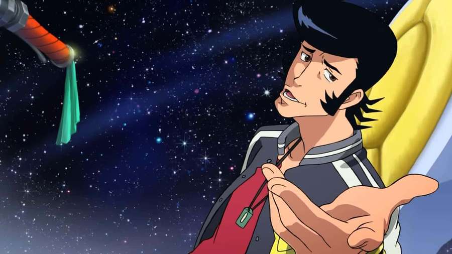 Anime hero in space suit holding glowing sword amid stars with banana peel floating nearby. — Dandy Wallpaper
