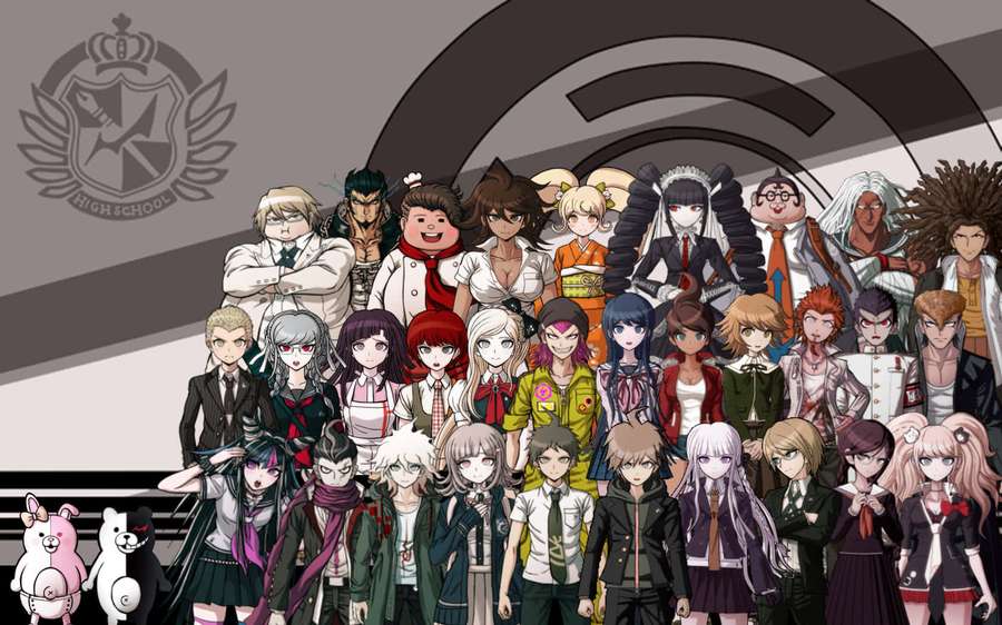 Anime characters from Danganronpa posing in front of a school emblem. — Danganronpa 1 Wallpaper