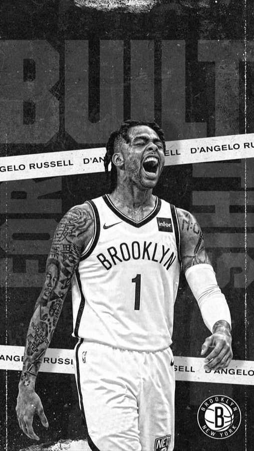 D'Angelo Russell i Brooklyn Nets-trøje skrigende med tatoveringer synlige — Dangelo Russell Wallpapers
