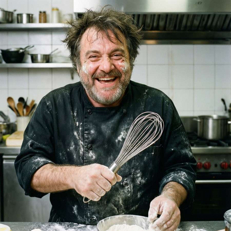 Candid shot of Danny Devito as a chef, covered in flour and laughing. — Danny Devito Picture