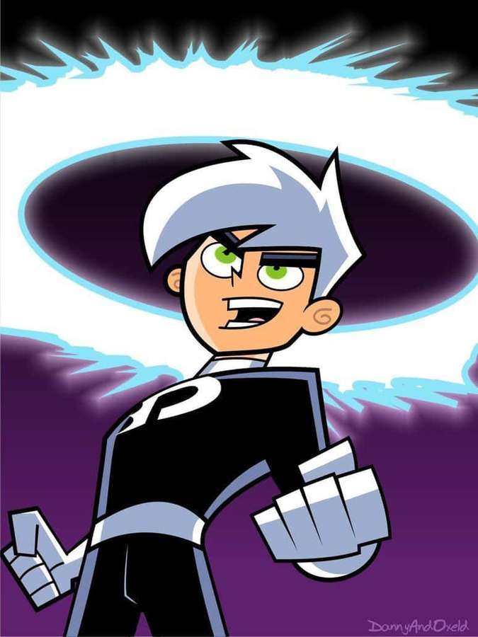 Cartoon-Superheldenjunge mit silbernem Haar und grünen Augen in einem schwarzen Anzug. — Danny Phantom Bilder