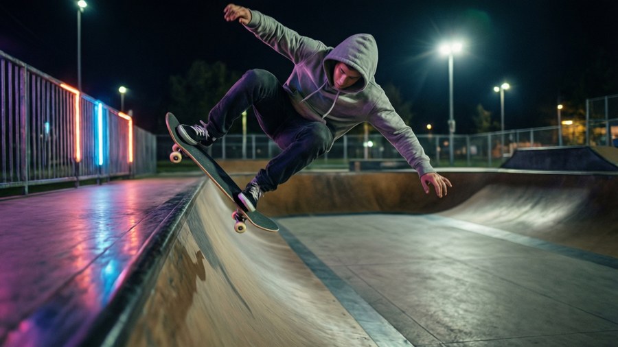 Skateboard flip trick under neon lights at night — Dare Wallpaper