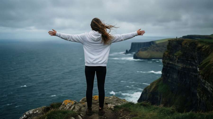 Dare at cliff edge with ocean view and moody wind — Dare Picture