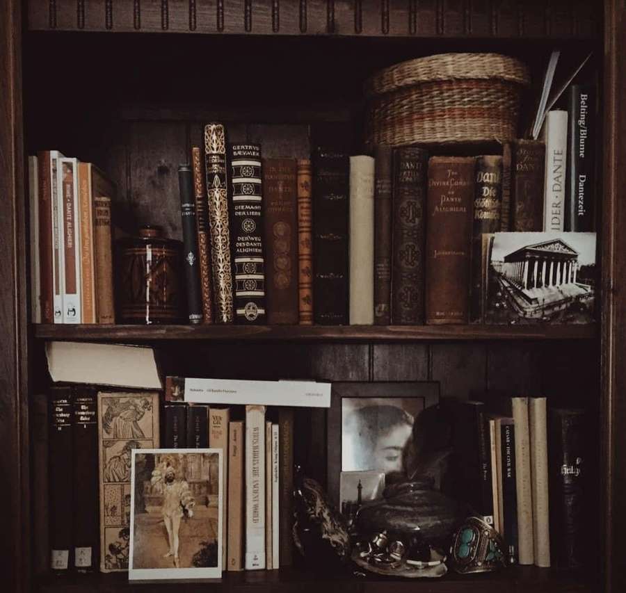 A wooden bookshelf with old books, photos, and decorative items in warm lighting. — Dark Academia Background
