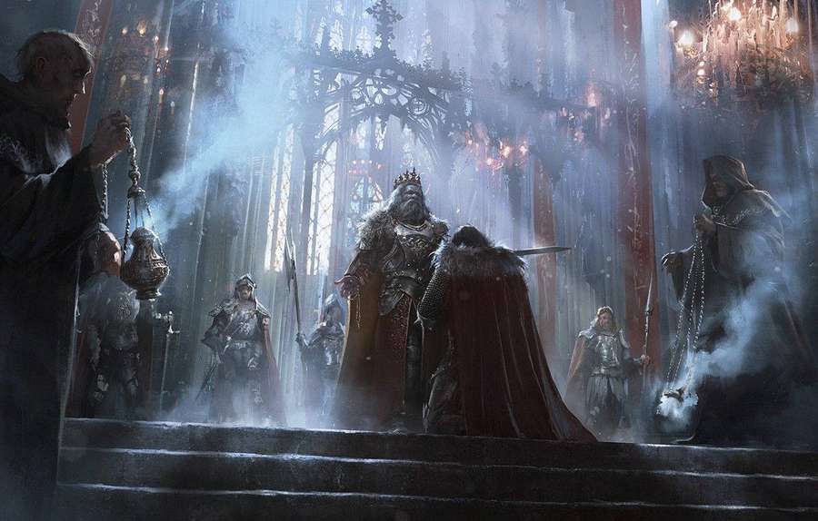 King in crown and armor stands on stone steps surrounded by knights and robed figures in misty cathedral. — Dark Ages Wallpaper