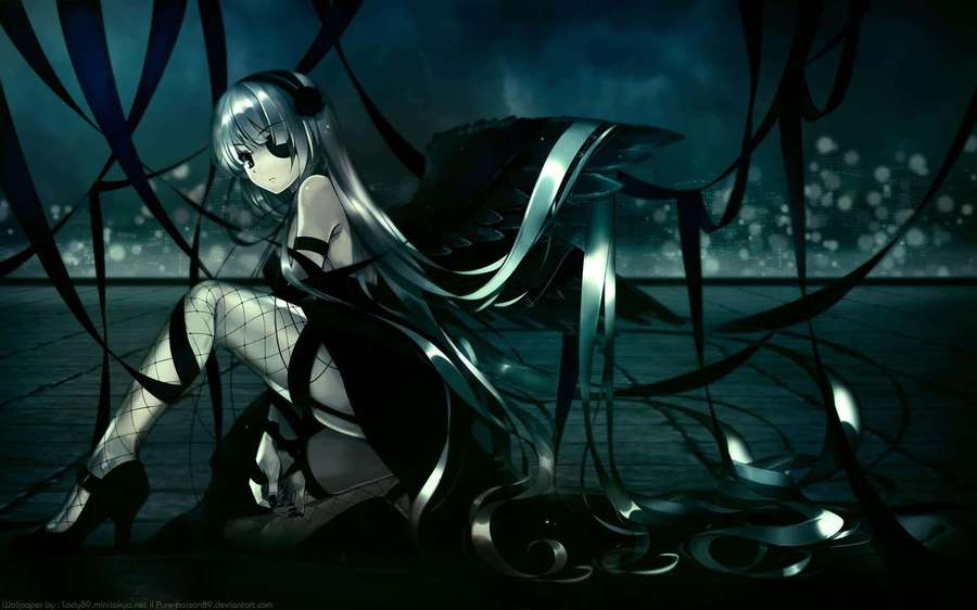 Anime girl with silver hair and black wings sitting in dark ribbons at night. — Dark Anime Background