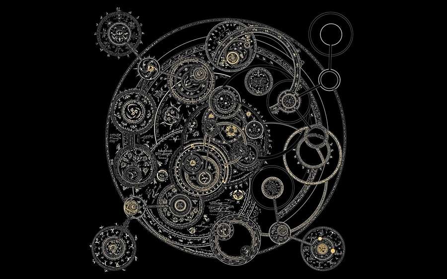 Complex golden mechanical gears and celestial symbols arranged in a circular pattern. — Dark Circles Wallpaper