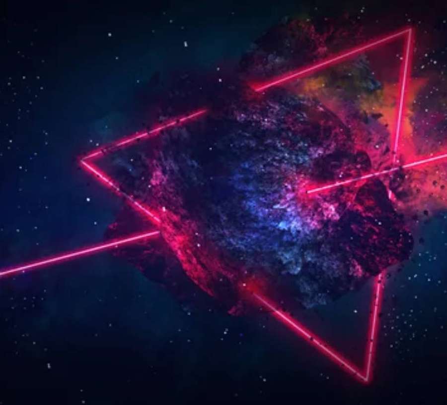A glowing pink triangle frames a colorful cosmic nebula in deep space. — Dark Color Background