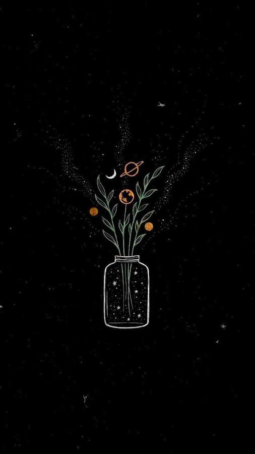 A glass jar with cosmic flowers and planets floating in a starry night sky. — Dark Cute Picture