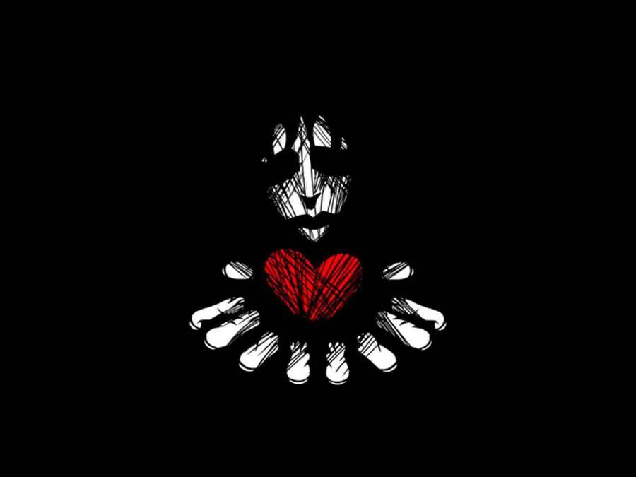 White sketched face above hands holding a red heart on black background. — Dark Emo Wallpaper