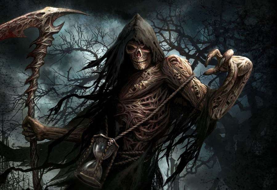Grim reaper holding scythe and hourglass in stormy forest. — Dark Fantasy Wallpaper