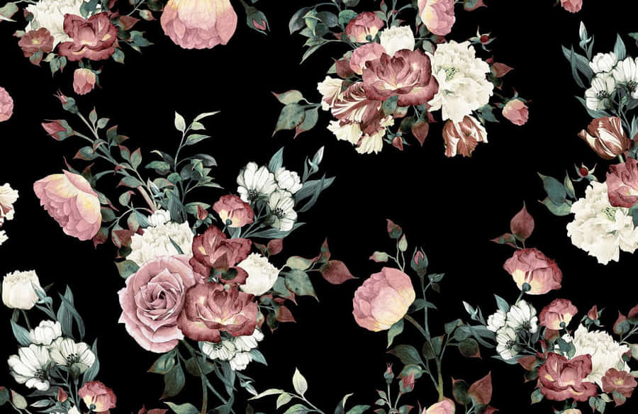 Floral Bouquets in Black by willowlanetextiles  Pink rose and white  flower illustrati  Black floral wallpaper Flower background wallpaper  Flower illustration