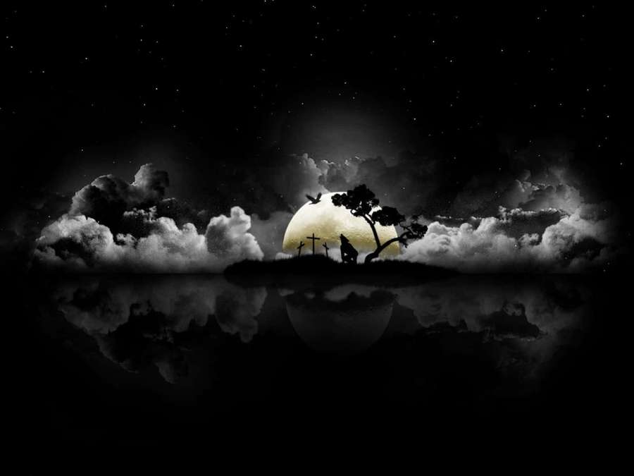Silhouetted tree and gravestones under a glowing moon reflected in water at night. — Dark Island Wallpaper