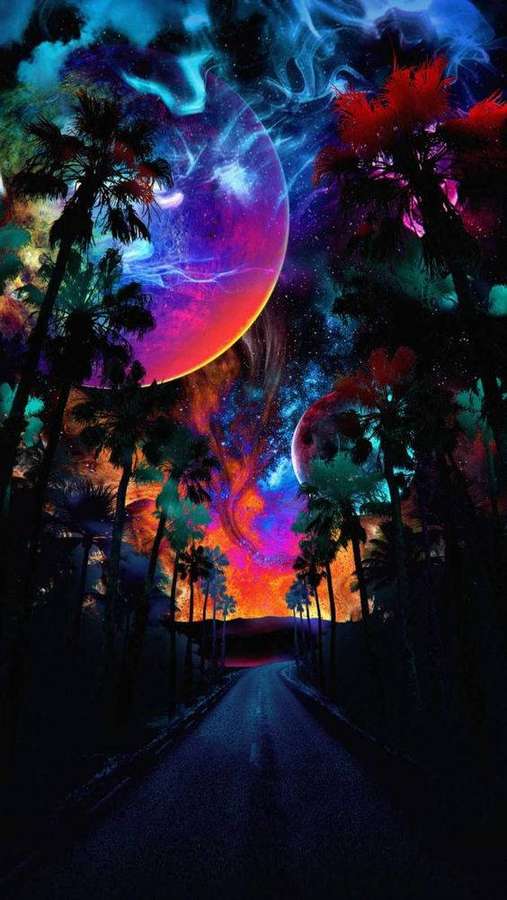 Palm trees line a road under a colorful cosmic sky with glowing planets. — Dark Neon iPhone Picture