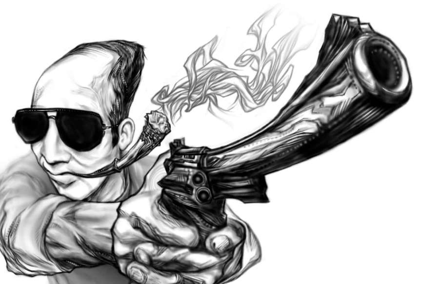 Man in sunglasses firing a smoking revolver in a dramatic black and white illustration. — Dark Psychedelic HD Wallpaper