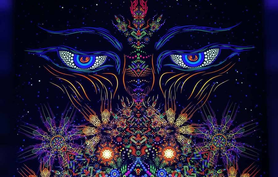 Glowing neon eyes in a cosmic mandala against a starry night sky. — Dark Psychedelic Wallpaper