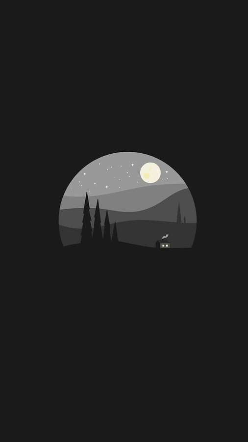 Ein kleines Haus mit aufsteigendem Rauch unter einem mondbeschienenen Himmel mit Kiefern und Sternen. — Dark Simple Aesthetic Wallpaper