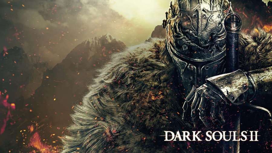 Knight in dark fantasy armor holding sword against fiery mountain backdrop. — Dark Souls Background