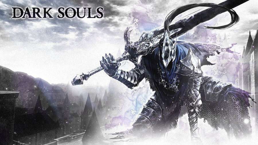 Un caballero con armadura oscura sostiene una gran espada curva en un paisaje gótico brumoso. — Dark Souls Fondos de pantalla