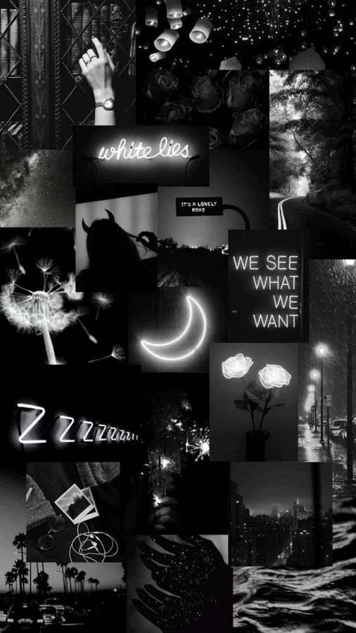 Schwarz-weiße Collage mit Neonlichtern, Stadtnächten und symbolischen Objekten wie Rosen und Löwenzahn. — Dark Theme Bilder