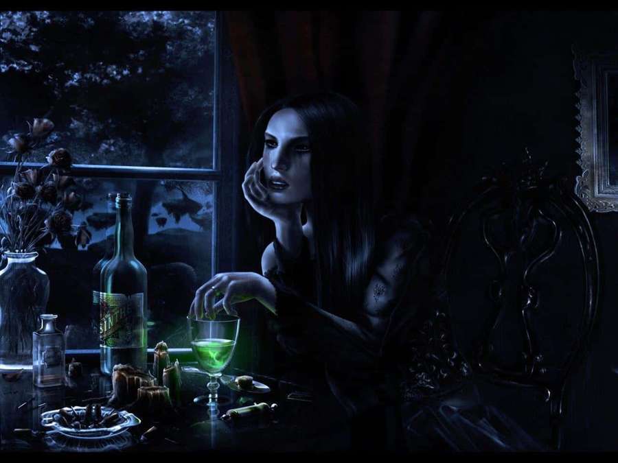 A woman in a dark room holds a glowing green drink by a window at night. — Dark Witch Wallpaper