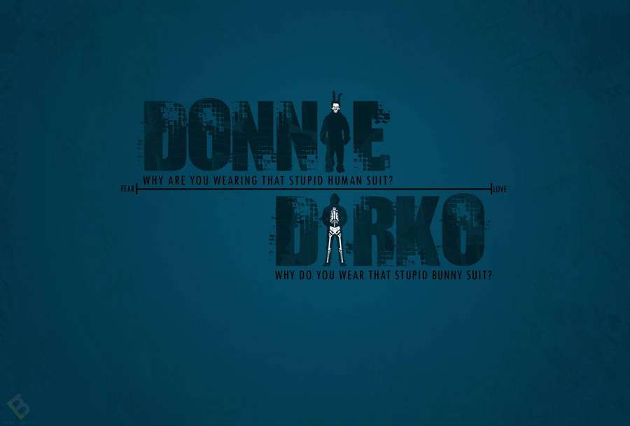 Donnie Darko Filmplakat mit Skelettfigur und Text auf blauem Hintergrund. — Darko Wallpaper