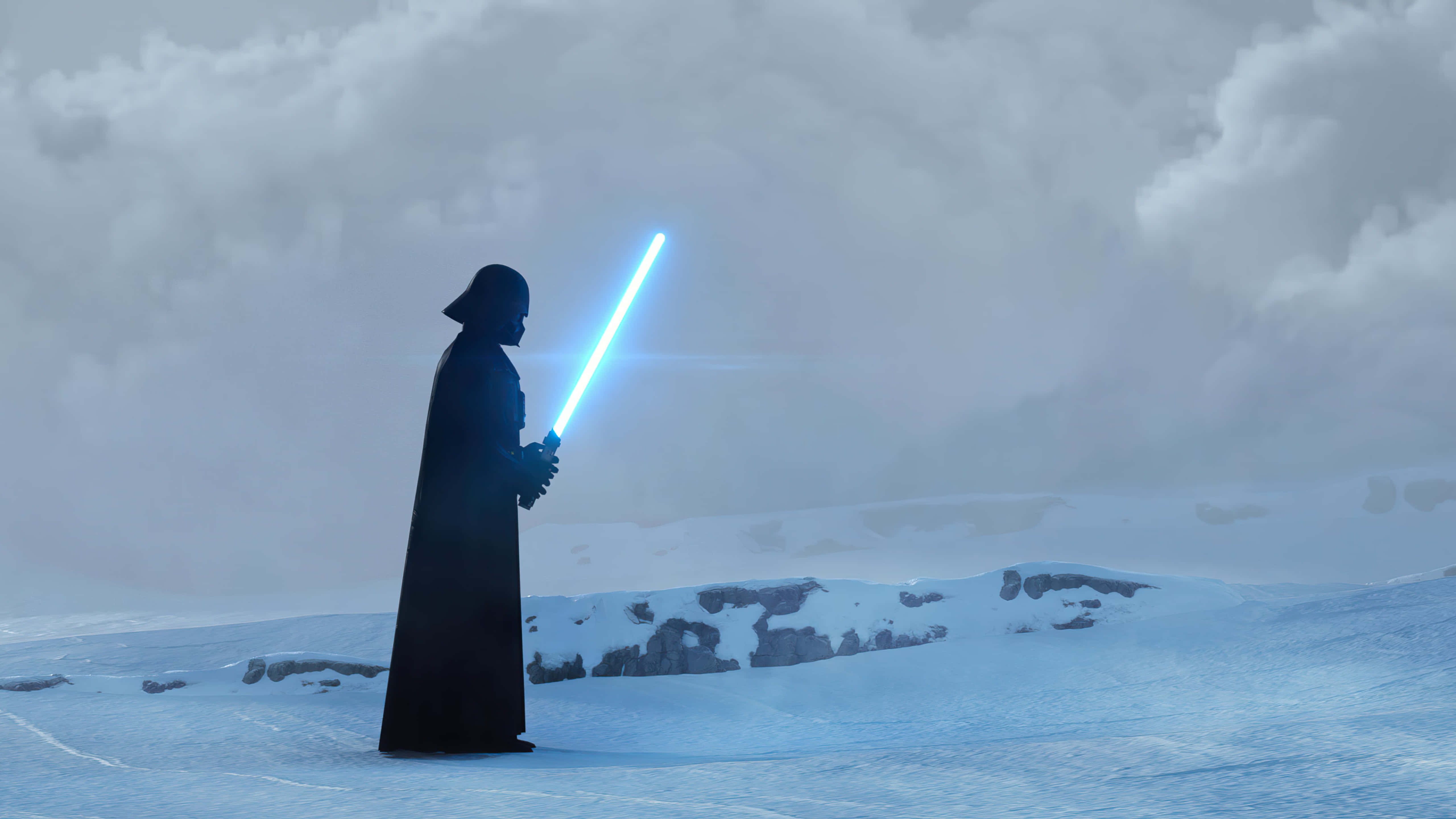 Darth Vader hält ein blaues Lichtschwert in einer verschneiten Einöde. — Darth Vader 4K Hintergrundbild