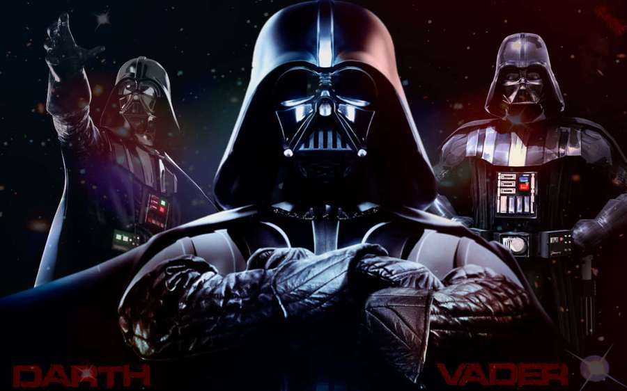 Three Darth Vader characters in space with red text — Darth Vader Background